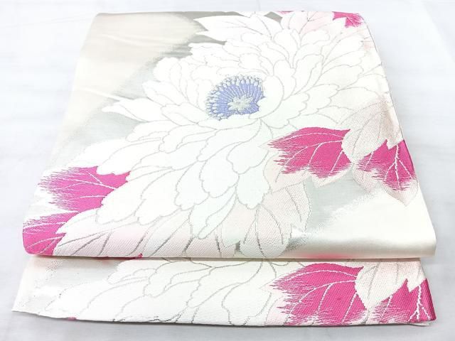 平和屋着物◎六通柄袋帯 牡丹文 銀糸 正絹 逸品 BAAY5261qw