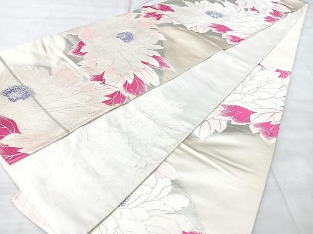 平和屋着物◎六通柄袋帯 牡丹文 銀糸 正絹 逸品 BAAY5261qw