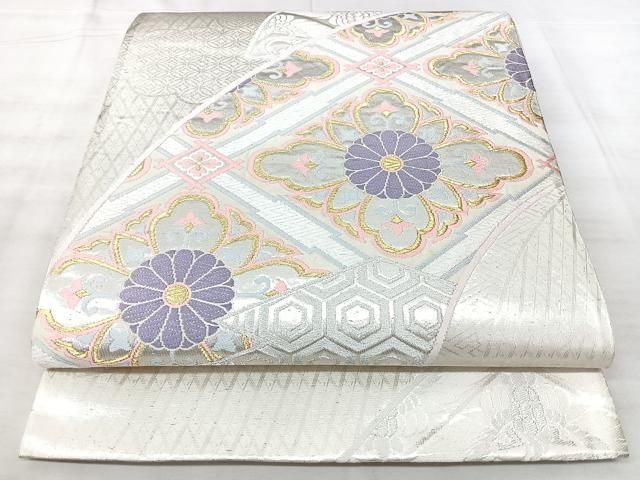 平和屋着物◎六通柄袋帯 地紙菱取華文 金銀糸 手先長尺 正絹 逸品 BAAY5265qw