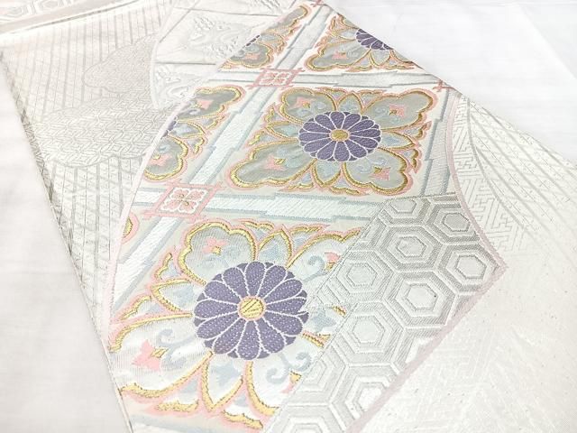 平和屋着物◎六通柄袋帯 地紙菱取華文 金銀糸 手先長尺 正絹 逸品 BAAY5265qw