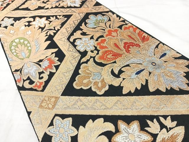 平和屋着物◎六通柄 本袋帯 更紗花文 黒地 金銀糸 正絹 逸品 BAAY5284qw