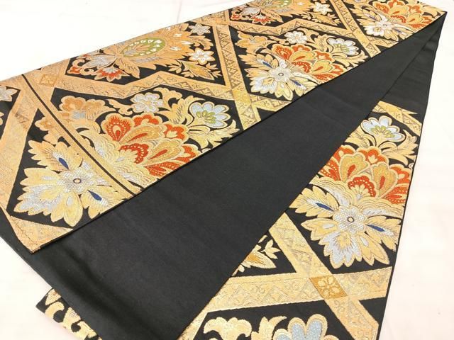 平和屋着物◎六通柄 本袋帯 更紗花文 黒地 金銀糸 正絹 逸品 BAAY5284qw