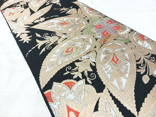平和屋着物◎六通柄 本袋帯 更紗花文 黒地 金糸 正絹 逸品 BAAY5288qw