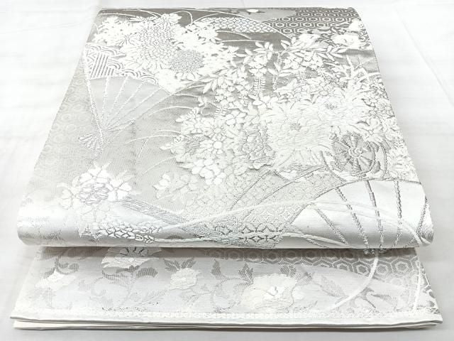 平和屋着物◎六通柄袋帯 扇面花車文 美保姿 銀糸 正絹 逸品 BAAY5289qw
