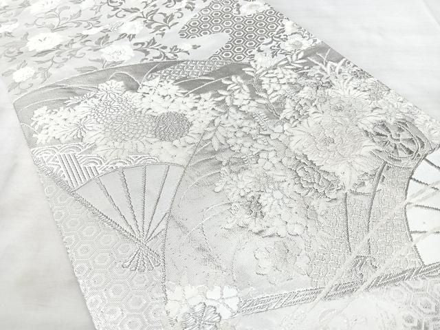 平和屋着物◎六通柄袋帯 扇面花車文 美保姿 銀糸 正絹 逸品 BAAY5289qw