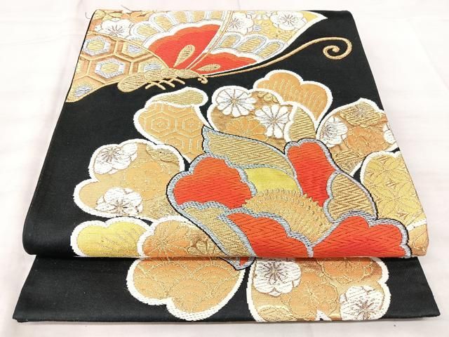 平和屋着物◎六通柄袋帯 花蝶文 黒地 金銀糸 正絹 逸品 BAAY5290qw