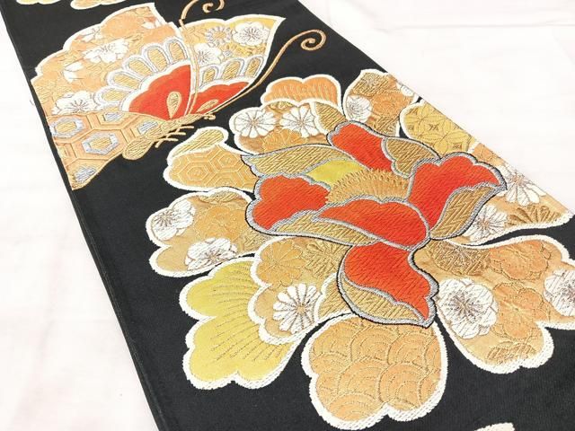 平和屋着物◎六通柄袋帯 花蝶文 黒地 金銀糸 正絹 逸品 BAAY5290qw