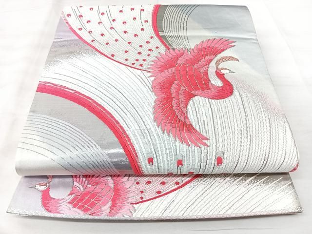 平和屋着物◎六通柄袋帯 唐織 彩華孔雀文 純プラチナ箔 正絹 逸品 BAAY5291qw