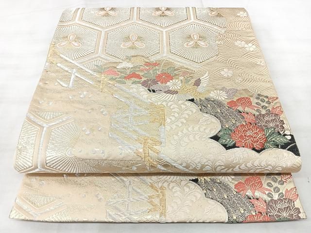 平和屋着物◎六通柄袋帯 雲取り亀甲花文 金銀糸 正絹 逸品 BAAY5295qw