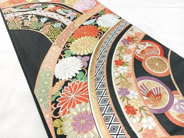 平和屋着物◎六通柄袋帯 唐織 慶花寿涛文 黒地 金糸 正絹 逸品 BAAY5300qw