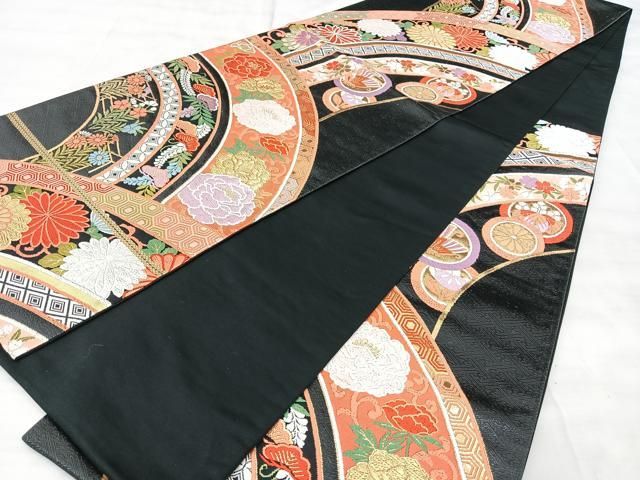 平和屋着物◎六通柄袋帯 唐織 慶花寿涛文 黒地 金糸 正絹 逸品 BAAY5300qw