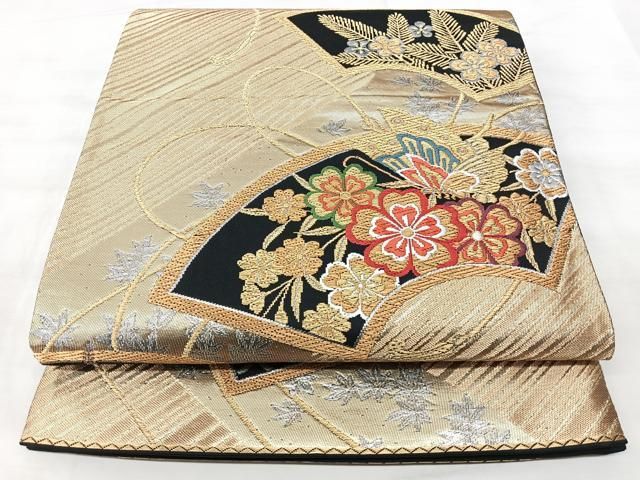 平和屋着物◎六通柄袋帯 地紙花蝶文 黒地 金銀糸 正絹 逸品 BAAY5306qw