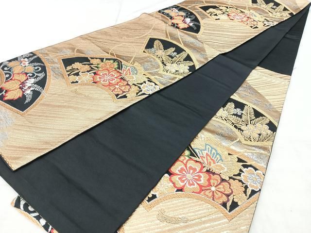 平和屋着物◎六通柄袋帯 地紙花蝶文 黒地 金銀糸 正絹 逸品 BAAY5306qw