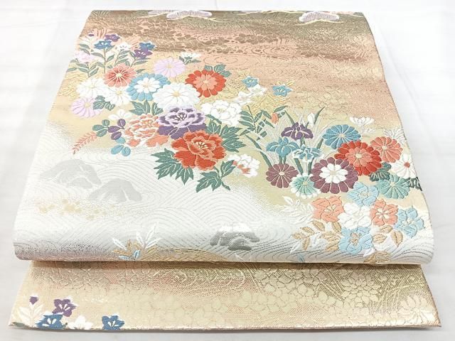 平和屋着物◎六通柄袋帯 唐織 風景花文 金銀糸 正絹 逸品 未使用 BAAY5315qw