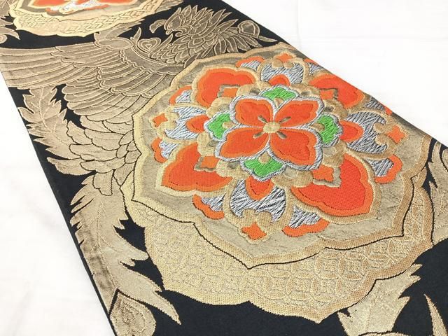 平和屋着物◎六通柄袋帯 正倉院鳳凰花文 黒地 金銀糸 正絹 逸品 BAAY5318qw