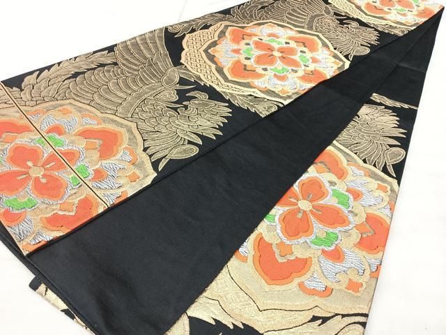 平和屋着物◎六通柄袋帯 正倉院鳳凰花文 黒地 金銀糸 正絹 逸品 BAAY5318qw