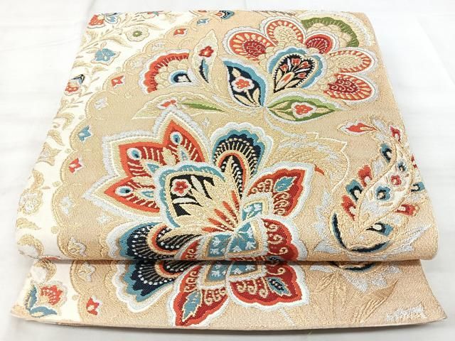 平和屋着物◎六通柄袋帯 更紗花文 金銀糸 正絹 逸品 BAAY5319qw