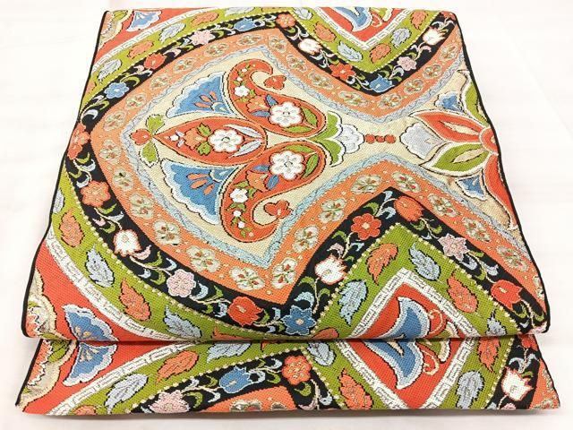 平和屋着物◎六通柄 本袋帯 更紗花文 黒地 金糸 正絹 逸品 BAAY5351qw
