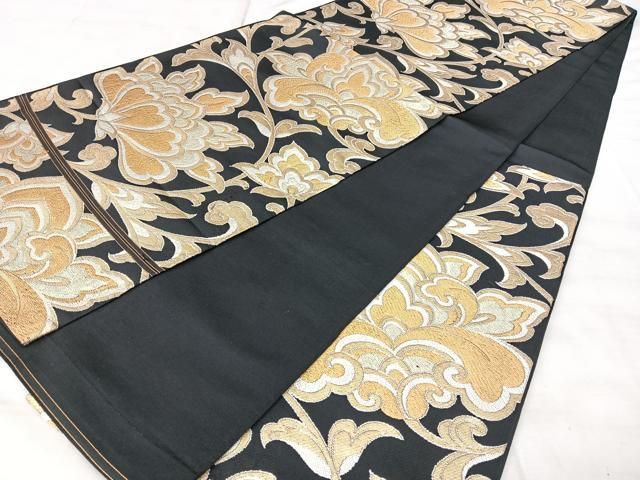 平和屋着物◎六通柄 本京袋帯 更紗花文 黒地 金糸 正絹 逸品 BAAY5357qw