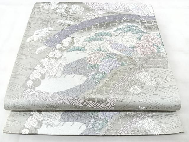 平和屋着物◎六通柄袋帯 地紙花鳥文 プラチナ箔 正絹 逸品 BAAY5374qw