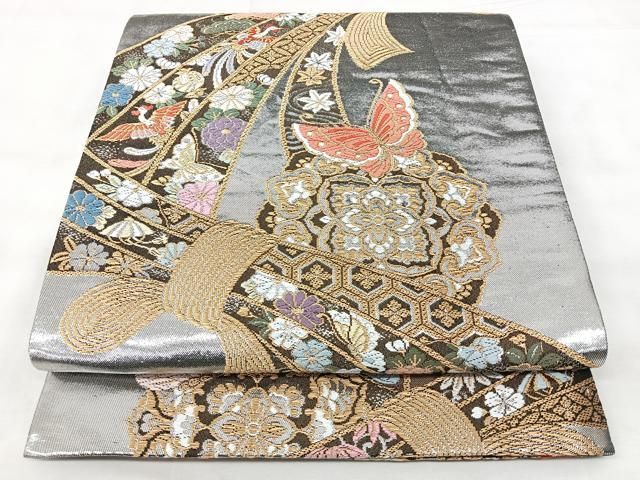 平和屋着物◎六通柄袋帯 束ね熨斗花鳥文 プラチナ弐重織 正絹 逸品 BAAY5377qw