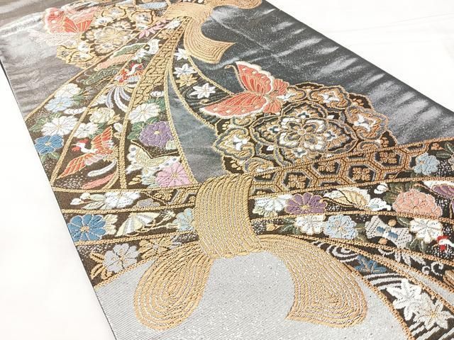 平和屋着物◎六通柄袋帯 束ね熨斗花鳥文 プラチナ弐重織 正絹 逸品 BAAY5377qw