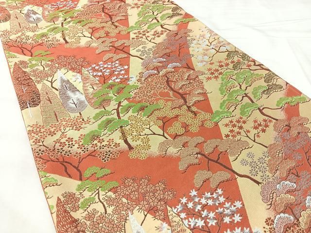 平和屋着物◎全通柄袋帯 紹巴 風景花文 正絹 逸品 BAAY5385qw