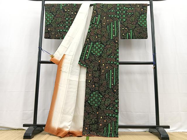 平和屋着物■上質な小紋 総絞り 更紗花文 黒地 正絹 逸品 BAAY5507yc