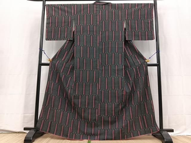 平和屋着物■本塩沢 幾何学文様 黒地 正絹 逸品 BAAY5510yc