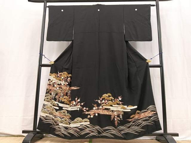 平和屋着物■豪華黒留袖 駒刺繍 立波草花文 金銀彩 正絹 逸品 BAAY5511yc