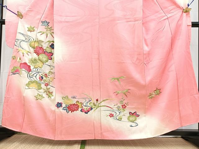 平和屋着物■豪華振袖 総刺繍 流水草花文 暈し染め 金糸 正絹 逸品 BAAY5566yc