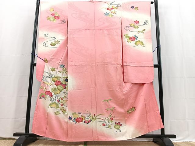 平和屋着物■豪華振袖 総刺繍 流水草花文 暈し染め 金糸 正絹 逸品 BAAY5566yc