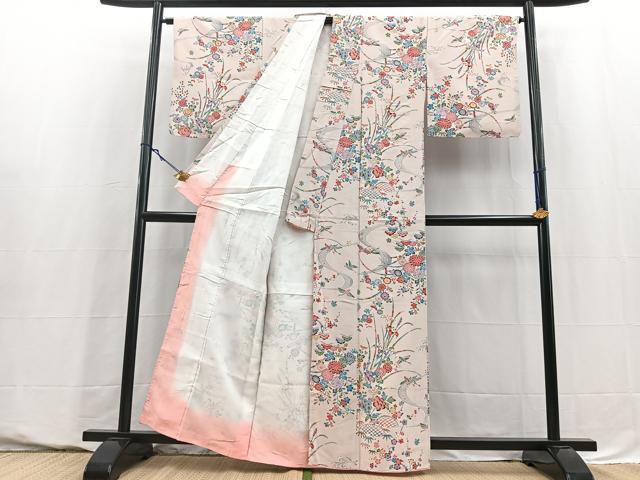 平和屋着物■上質な小紋 型染め 飛鶴松竹梅花文 鬼しぼ縮緬 正絹 逸品 未使用 BAAY5591yc