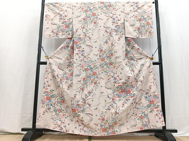 平和屋着物■上質な小紋 型染め 飛鶴松竹梅花文 鬼しぼ縮緬 正絹 逸品 未使用 BAAY5591yc