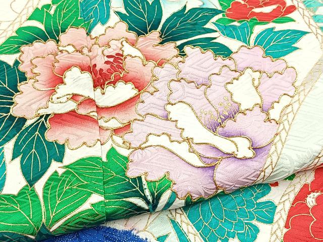 平和屋着物■豪華振袖 絞り 駒刺繍 重ね山花文 金彩 正絹 逸品 BAAY5596yc