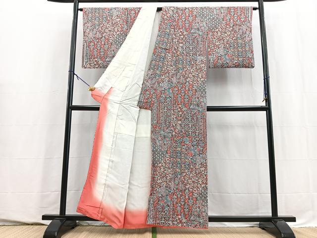 平和屋着物■上質な小紋 切嵌更紗花鳥文 正絹 逸品 BAAY5689yc