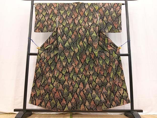 平和屋着物■上質な小紋 総絞り 幾何学文様 黒地 正絹 逸品 BAAY5707yc