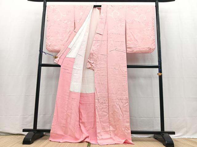 平和屋着物■上質な色無地 花唐草地紋 紅梅色 ロング丈 正絹 逸品 BAAY5710yc
