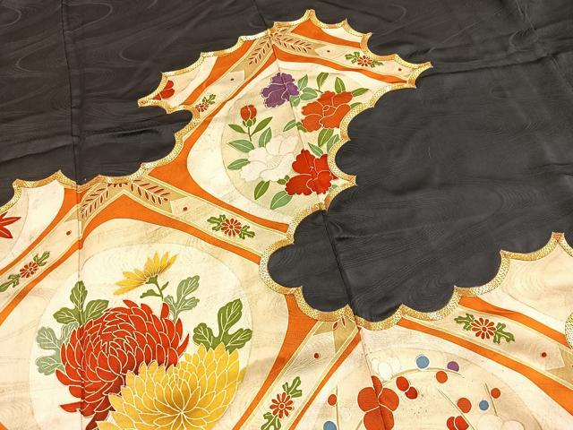 平和屋着物■豪華振袖 駒刺繍 格天井花文 黒地 金彩 正絹 逸品 BAAY5741yc