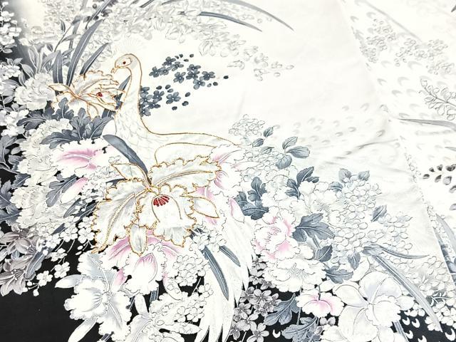 平和屋着物●豪華振袖 駒刺繍 孔雀花文 暈し染め 黒地 銀彩 正絹 逸品 BAAY5816yc