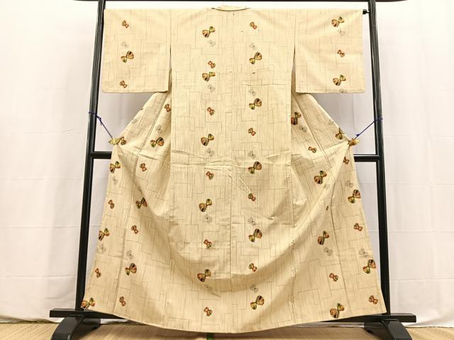 平和屋着物■上質な紬 舞蝶文 背抜き仕立て 正絹 逸品 BAAY5823yc
