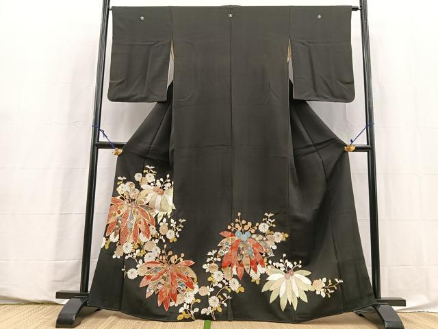 平和屋着物■豪華黒留袖 駒刺繍 草花文 金彩 正絹 逸品 BAAY5826yc