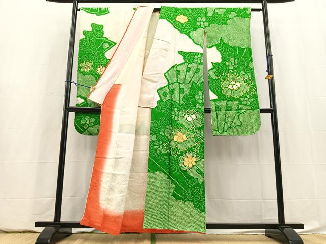 平和屋着物■豪華振袖 絞り 駒刺繍 檜扇花文 正絹 逸品 BAAY5857yc