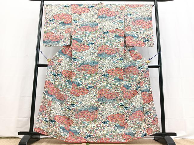 平和屋着物■上質な小紋 型染め 流水風景花文 正絹 逸品 BAAY5882yc