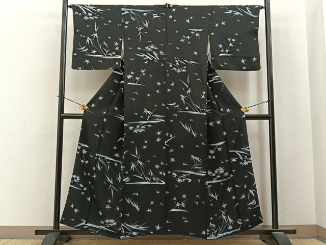 平和屋着物■上質な小紋 手描き 笹花文 黒地 正絹 逸品 BAAY6010hj