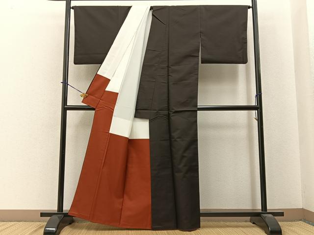 平和屋着物●本場縞大島紬 色無地 赤墨色 正絹 逸品 BAAY6032hj