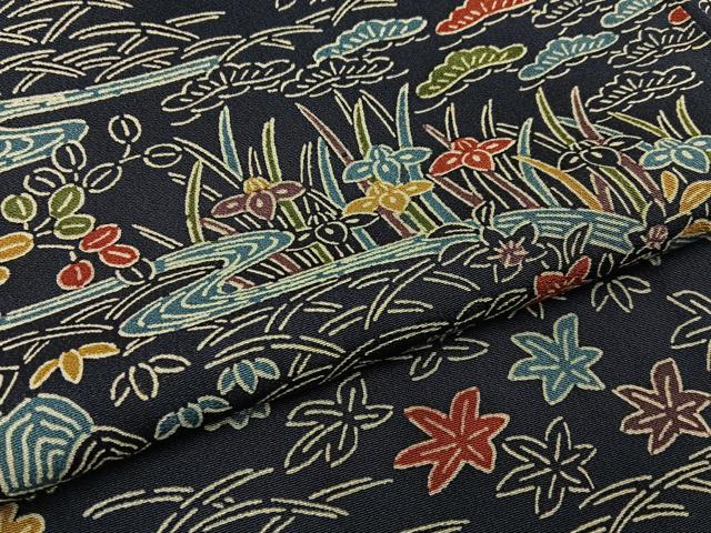 平和屋着物■上質な小紋 型染め 流水草花文 濃紺地 正絹 逸品 BAAY6069hj