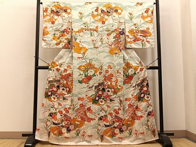 平和屋着物●訪問着 駒刺繍 流水几帳花文 金彩 正絹 逸品 BAAY6078hj