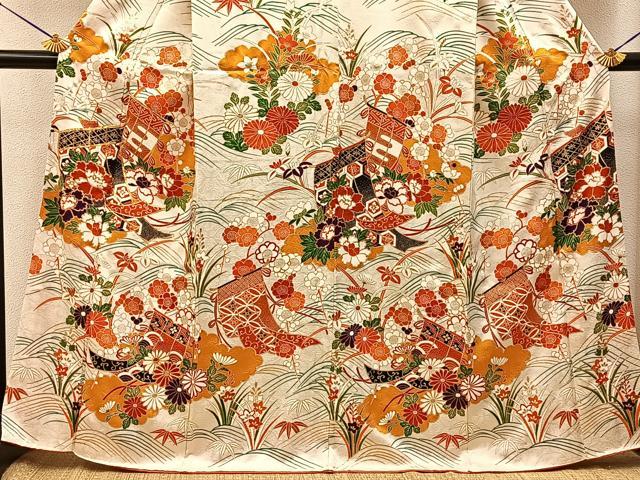 平和屋着物●訪問着 駒刺繍 流水几帳花文 金彩 正絹 逸品 BAAY6078hj