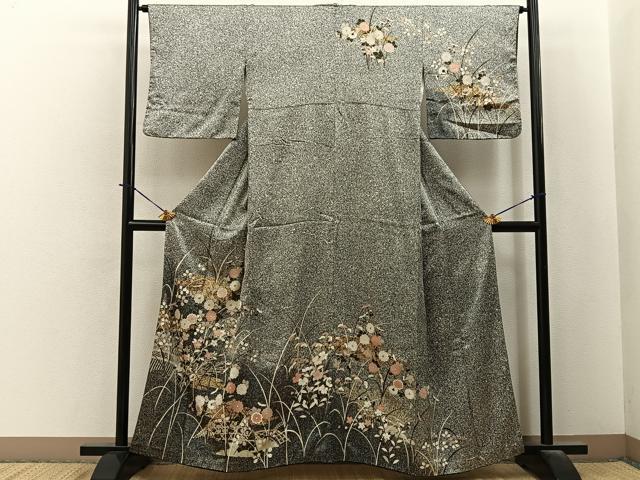 平和屋着物●訪問着 籬秋草文 たたき染め 黒地 金彩 正絹 逸品 BAAY6112hj